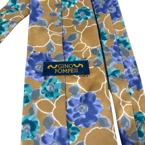 Gino Pompeii Mens Silk Tan Brown Purple Teal Floral Neck Tie Necktie 3.5" x 58" - Picture 8 of 8